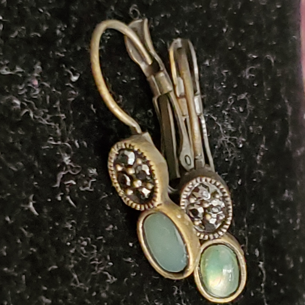 Vintage brasstone leverback earrings with faux marcasite and green stones